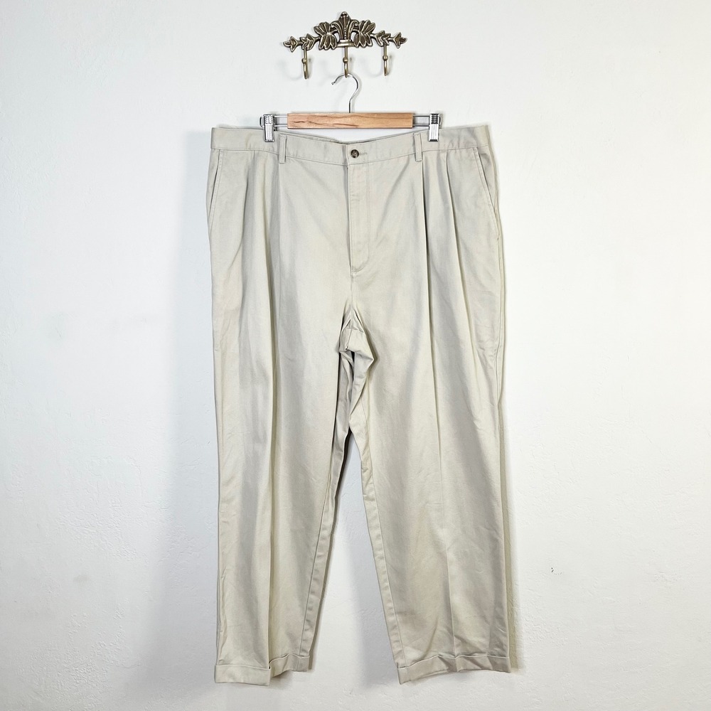 Grant Thomas Chino Pants Pleated Front Mens Size 42 Beige Cotton Cuffed Khakis